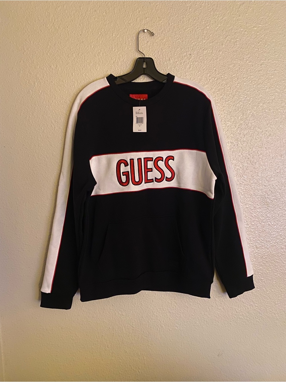 GUESS Black Crewneck Sweatshirt with White Panel and Red Logo